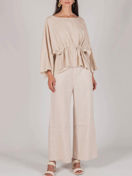 Ula Linen Waist Tie Top in Natural