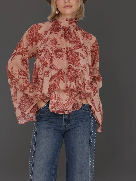 Tapestry Print Chiffon Ruffle Blouse in Batik Tapestry