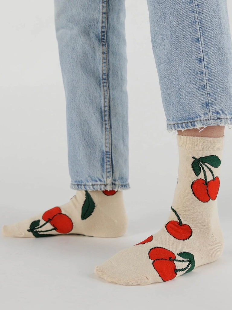 Crew Sock in Ecru Cherry