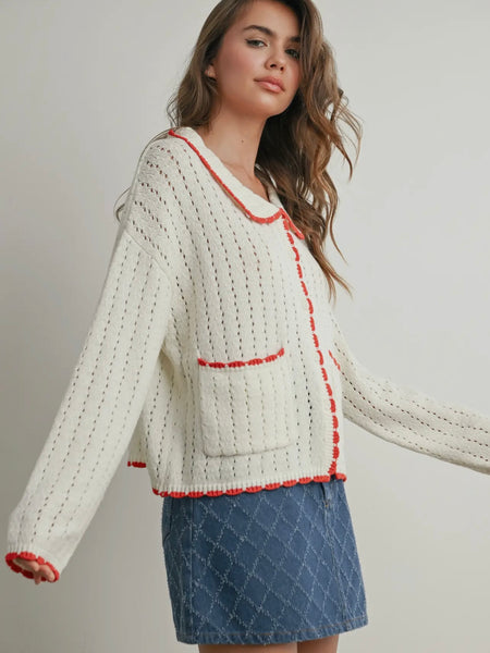 Just A Hint Knit Sweater in Ivory & Red