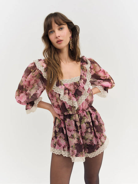 Adeline Floral Romper in Brown