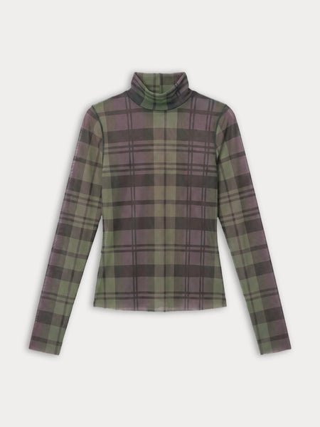 The Mesh Turtleneck in Navy & Green Plaid