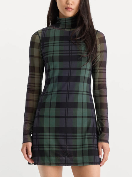 The Mesh Mini Dress in Navy & Green Plaid