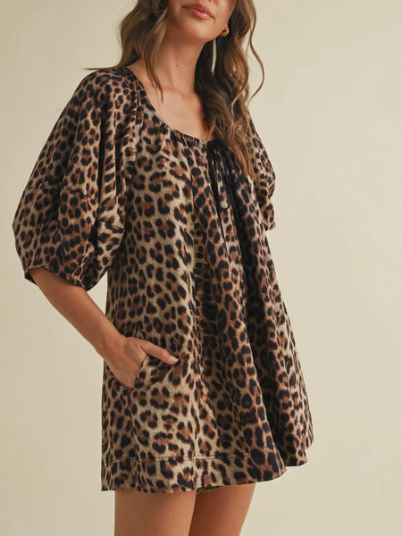 So Spotted Puff Sleeve Romper in Leopard
