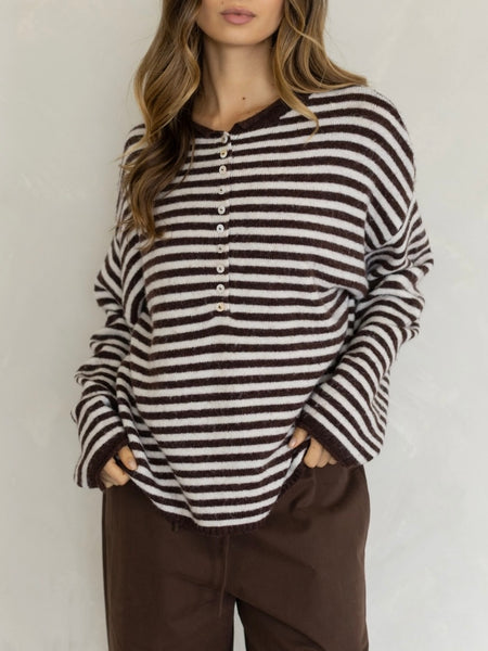 Oversized Striped Piper Henley in Brown & Cream