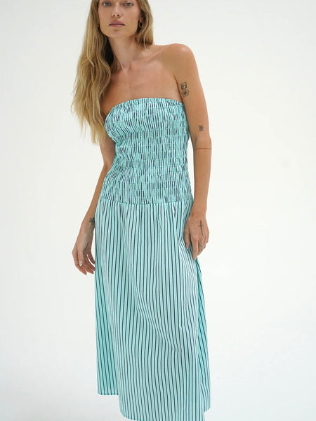 Kapaia Strapless Dress in Teal Stripe