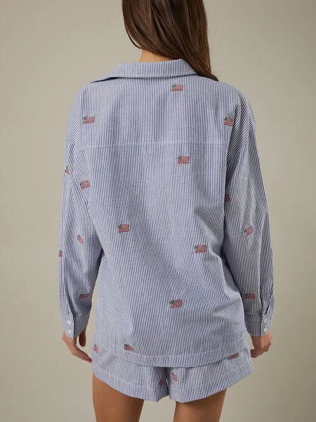 Embroidered Flag Button Down in Navy & White