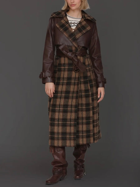 Plaid Mixed Media Faux Leather Trench in Multi