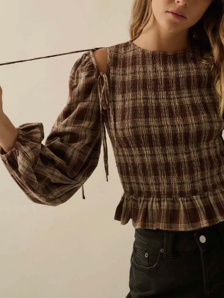 Flannel By The Fire Top in Brown