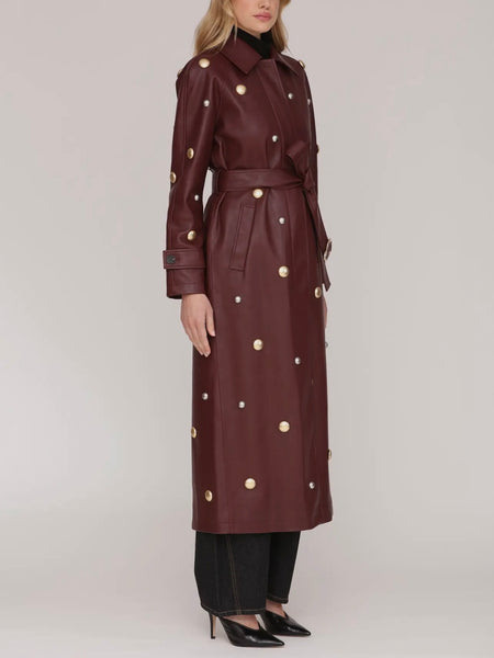 Studded Faux-Ever Leather Trench Coat in Mulberry