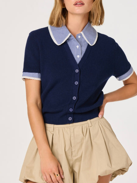 Marlee Mixed Media Cardigan in Navy Plaid