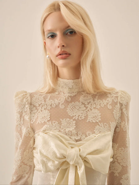 Corded Lace Silk Jacquard Bodysuit in Cream