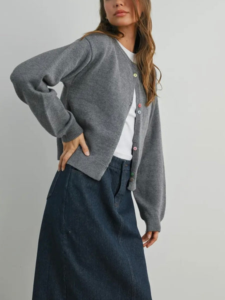 It's All About The Buttons Cardi in Grey