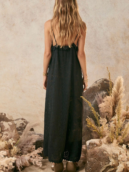 Lux Lisbon Lace Strappy Maxi Dress in Onyx