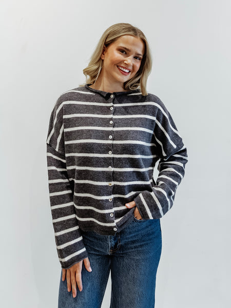 Piper Cabana Stripe Cardigan in Grey & Ivory