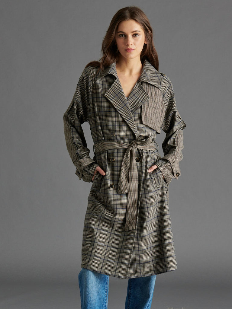 Shinely Trench Coat in Grey Plaid