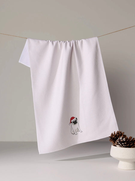 Merry Pug Tea Towel in Fawn