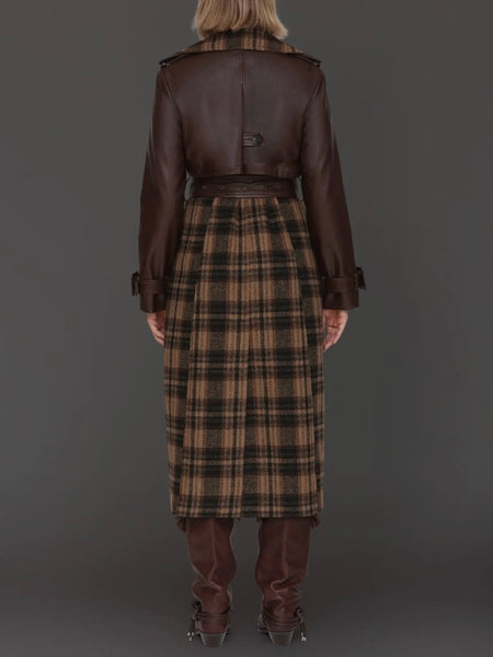 Plaid Mixed Media Faux Leather Trench in Multi