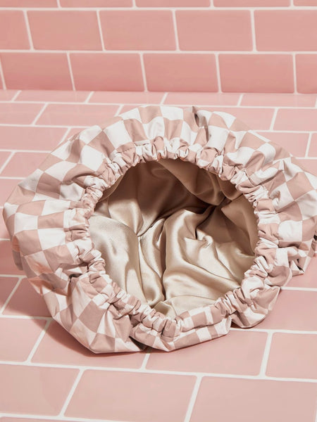 Satin Lined Flexi Shower Cap in Terracotta Checker