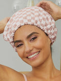 Satin Lined Flexi Shower Cap in Terracotta Checker