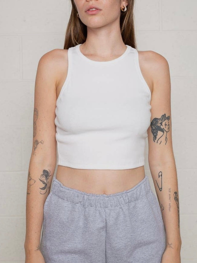 Hi Neck Crop Tank in White
