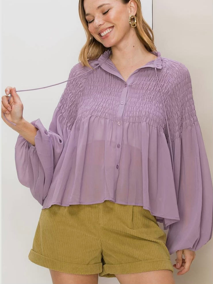 She's Elegant Smocked Blouse in Lavender