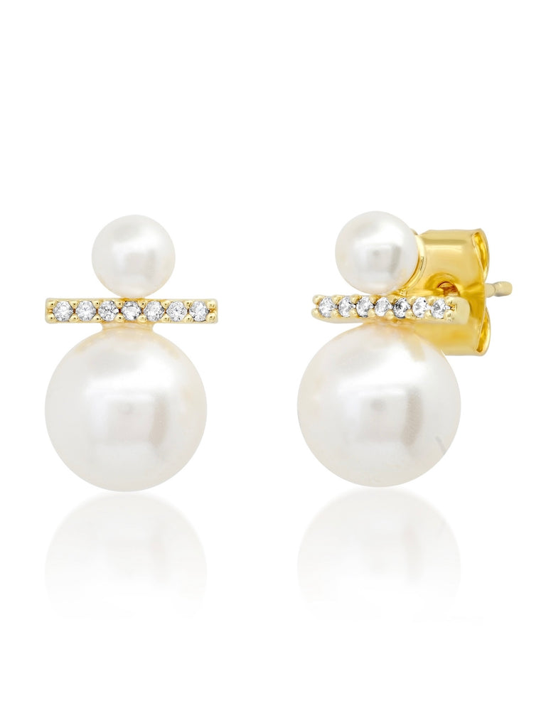 Double Swarovski Pearl & CZ Modern Stud
