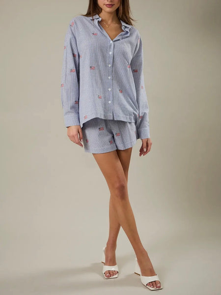 Embroidered Flag Button Down in Navy & White