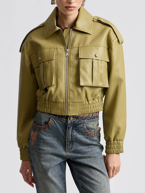 Oversized Strong Shoulder Faux Leather Jacket in Sage
