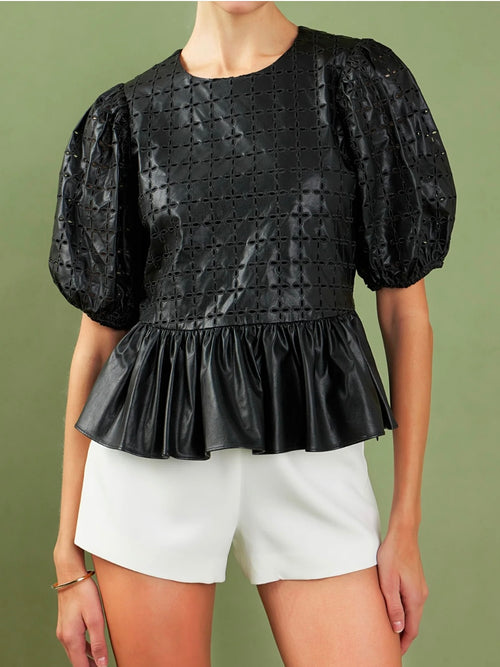 Eyelet It Go Faux Leather Blouse in Black