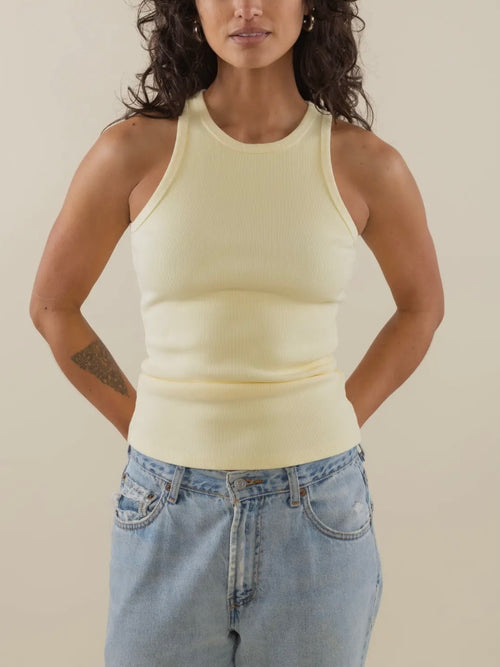 Sara High Neck Rib Tank in Banana