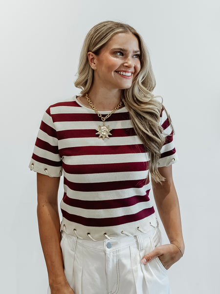 Knit Stripe Rope Embellished Top in Burgundy