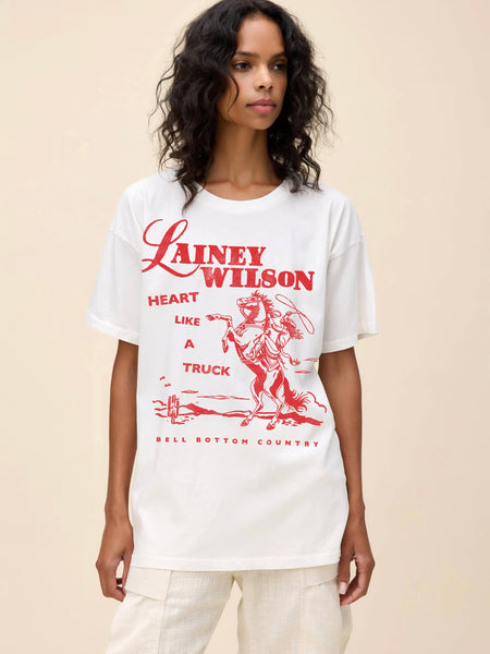 Lainey Wilson Bell Bottom Country Merch Tee in Vintage White