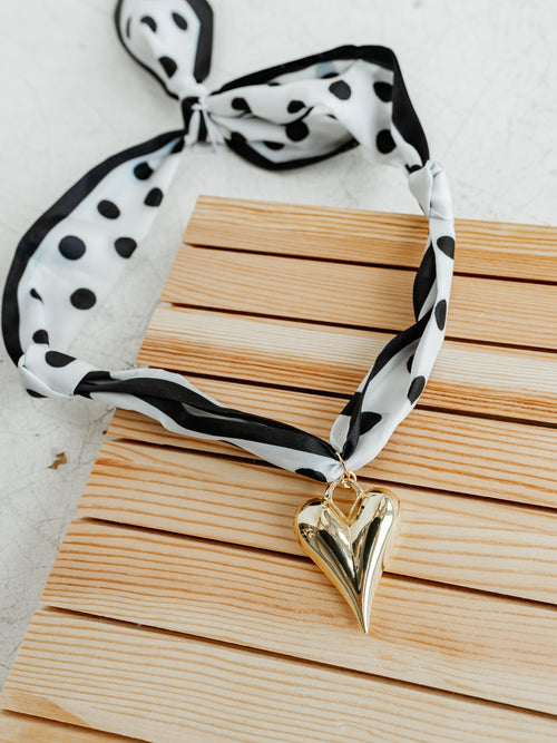 Puff Heart Scarf Necklace in Black & White Polka Dot