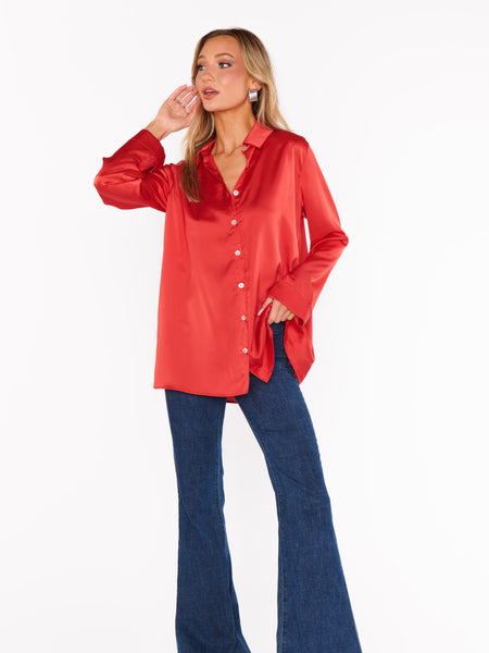 Smith Button Down in Red Luxe Satin