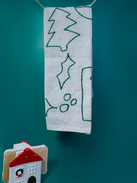 Holiday Embroidered Tea Towel in Burgundy