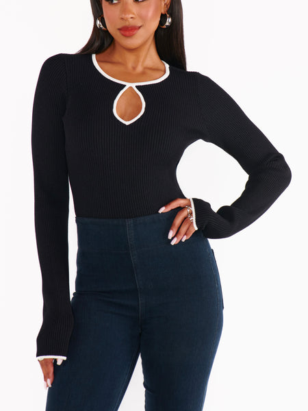 Tippi Top in Black Rib/White Trim