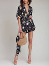 Floral Polka Dot Satin Kimono Top in Black