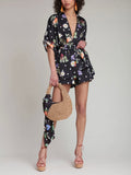 Floral Polka Dot Satin Kimono Top in Black
