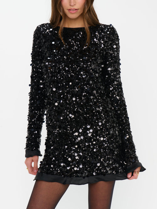 Maddison Ruffle Dress in Black Metallic Sequins