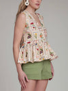 Linen Fruit Floral Peplum Top in Cream