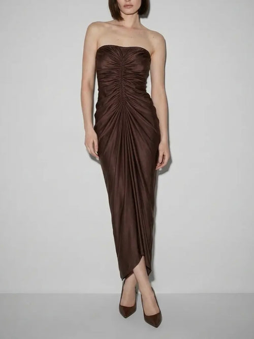 Liquid Mousse Shirred Dress in Brown