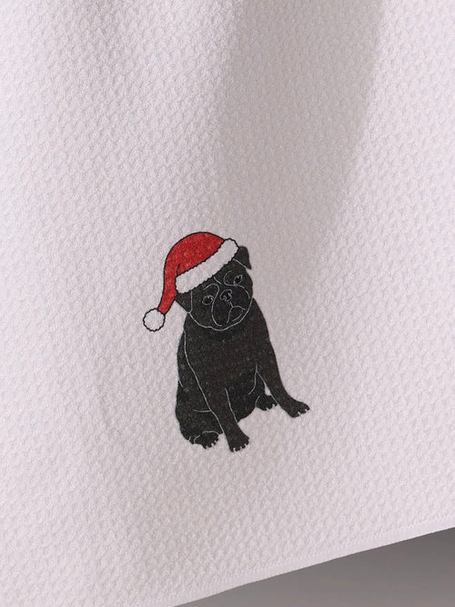 Merry Pug Tea Towel in Black