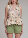 Linen Fruit Floral Peplum Top in Cream