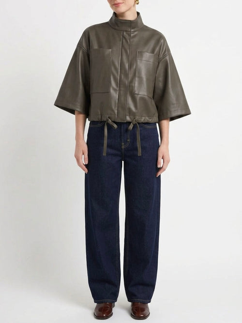 Vivianne Faux Leather Cape in Khaki Olive