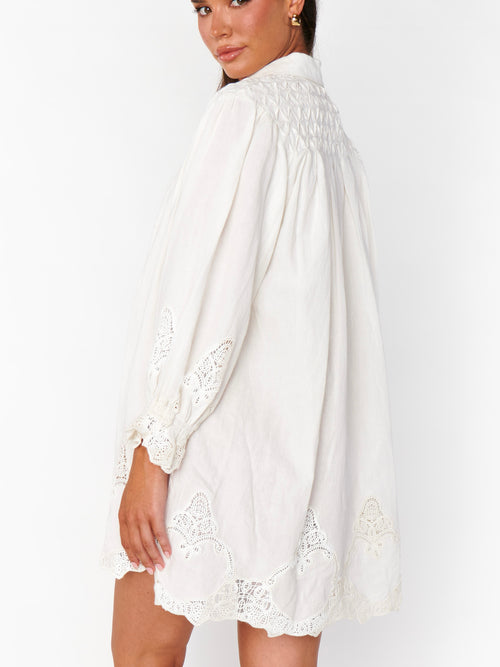 Leona Mini Dress in White Lace Embroidery