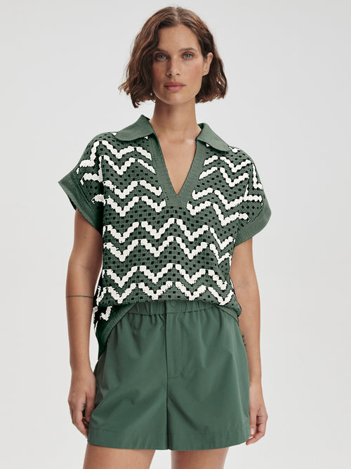Joelle Crochet Polo Top in Cilantro