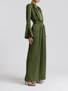 Tie Neck Satin Jumpsuit in Olive