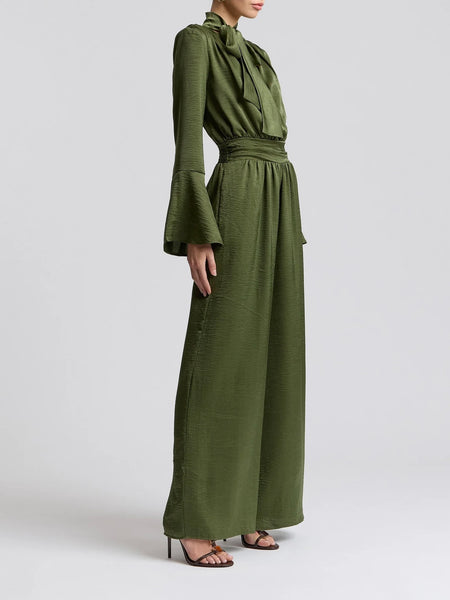 Tie Neck Satin Jumpsuit in Olive
