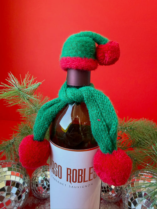 Bottle Hat & Scarf in Green & Red Pom